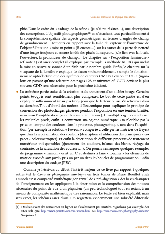 Commentaires (page2) de l'Union des professeurs de physique et de chimie (UdPPC) sur le livre  Photographie numérique, de Claude Turrier