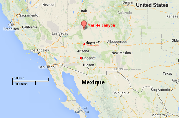 Phoenix et Marble Canyon en Arizona : Source Google Maps 