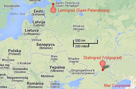 Leningrad et Stalingrad : Source Google Maps 